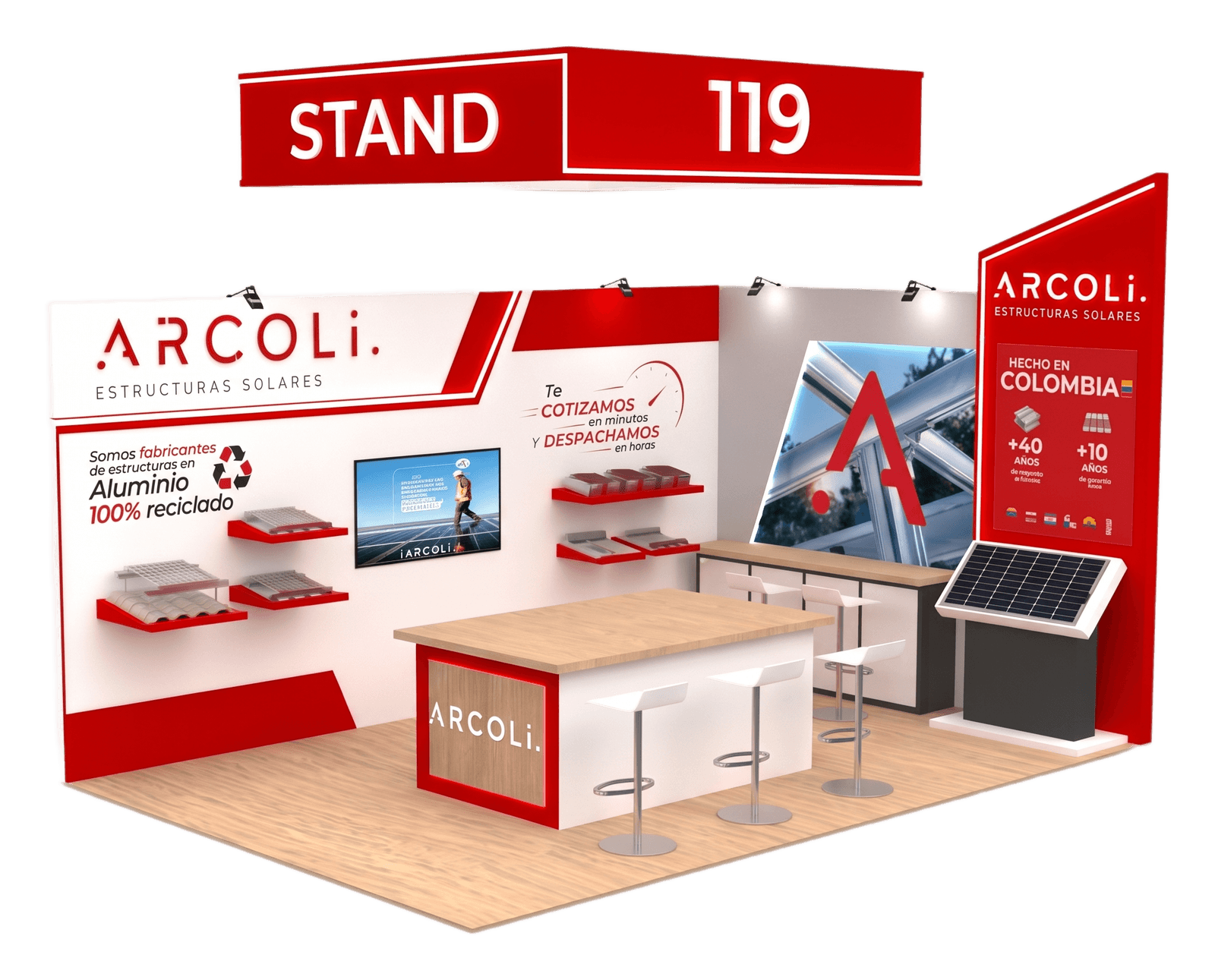 Render del stand 119 de Arcoli en Exposolar: muros rojos con el logo, estantes con piezas de estructura solar, un mostrador y un panel solar de muestra.