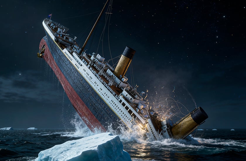 Ilustración del Titanic hundiéndose tras chocar con un iceberg.