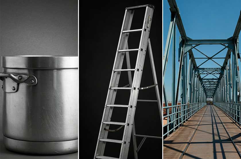 Una olla, una escalera de aluminio y un puente metálico, unidos por remaches.