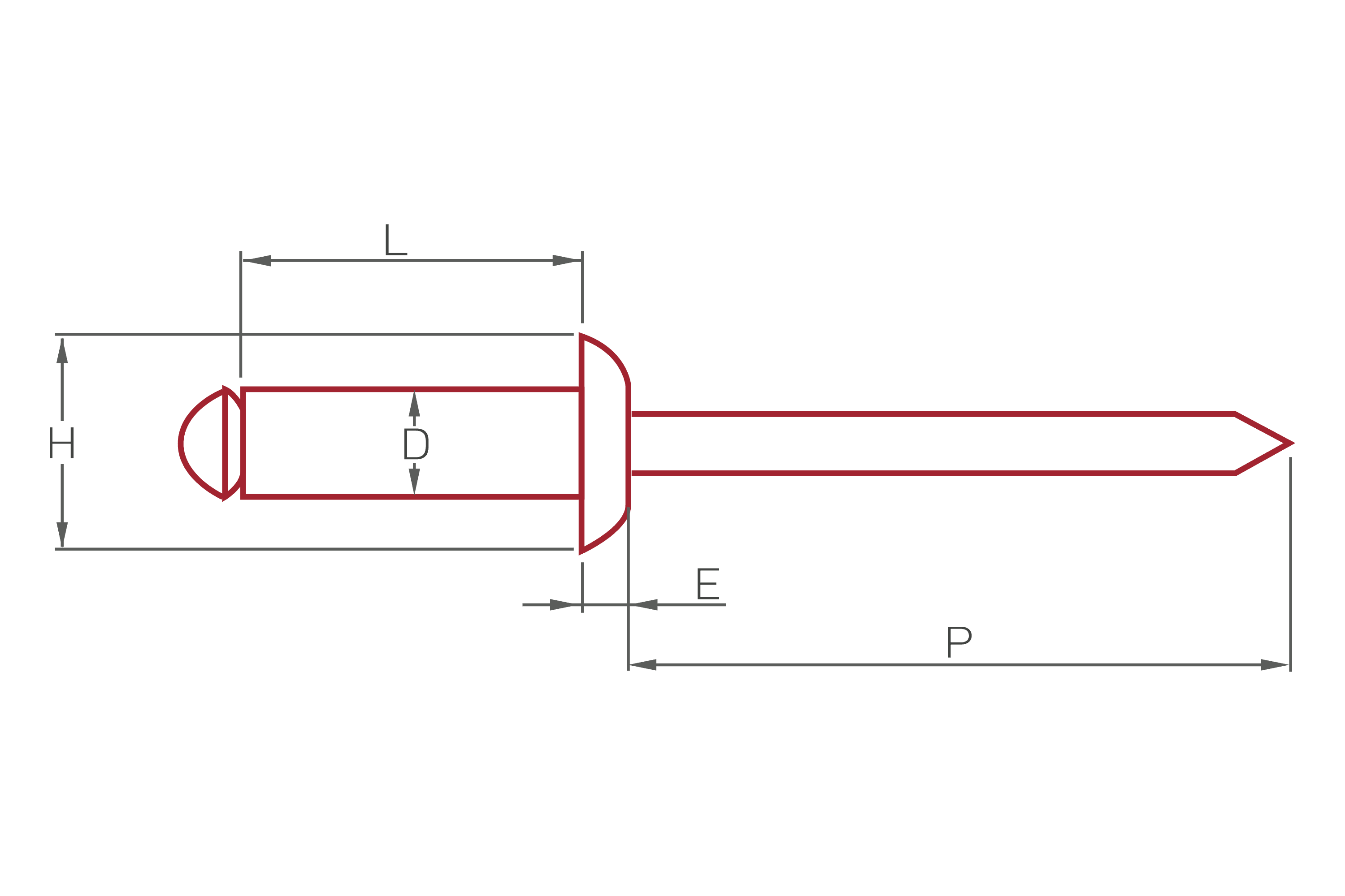 Plano técnico de un remache ciego con sus cotas: diámetro, largo, cabeza y vástago.